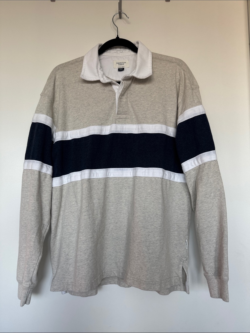 American Eagle Outfitters Beige and Navy Stripe Rugby Polo
